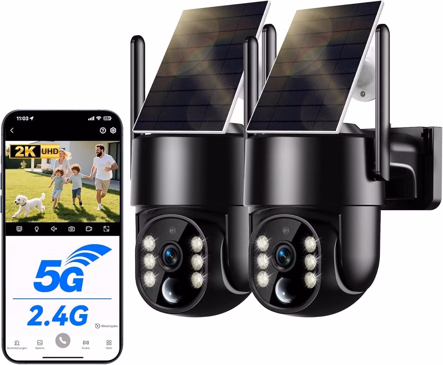 Telecamera di sicurezza esterna WESECUU, alimentata a energia solare, con Wi-Fi, senza fili, risoluzione 2,5K, 4MP, dotata di pannello solare da 5W