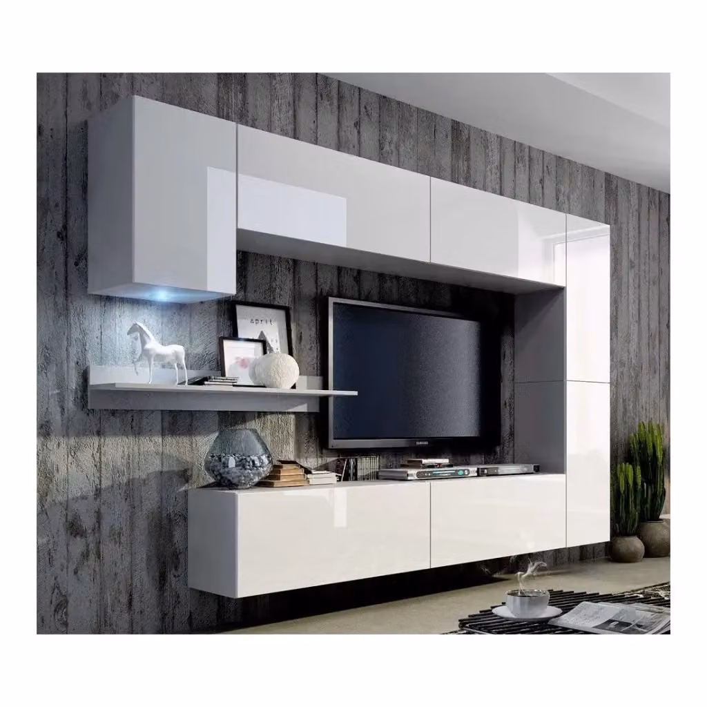 Set mobili da soggiorno sospesi Meublorama collezione CEPTO, bianco e multicolore, con illuminazione LED, 7 porte e 6 scaffali, L: 256 cm – 2