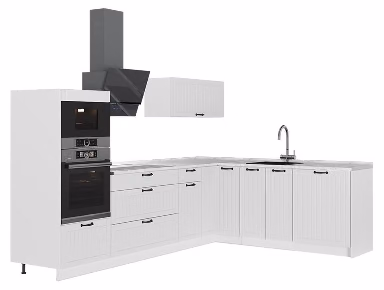 Cucina angolare completa Vicco Fame-Line Bianco rustico/Bianco 287 x 207 cm, PL Marmo, Model 63551