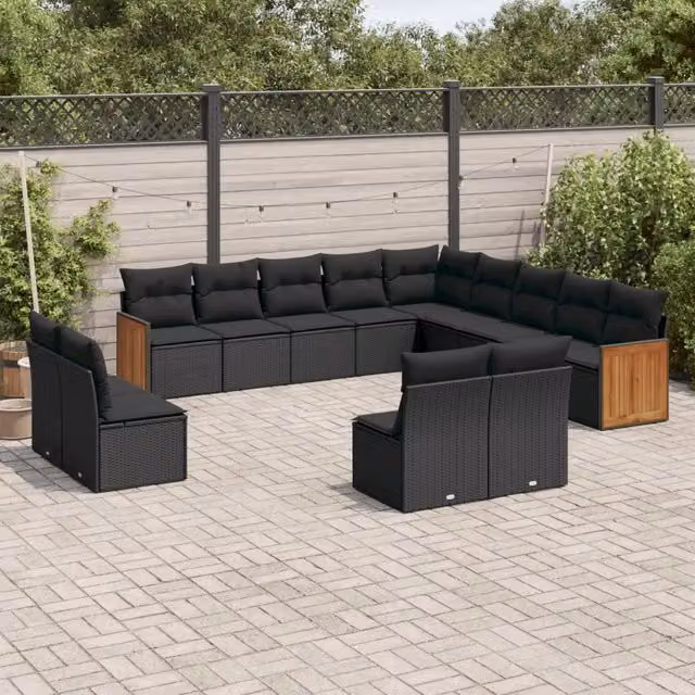 Set di divani da giardino a forma di U vidaXL in polyrattan e legno di acacia nero con cuscini inclusi