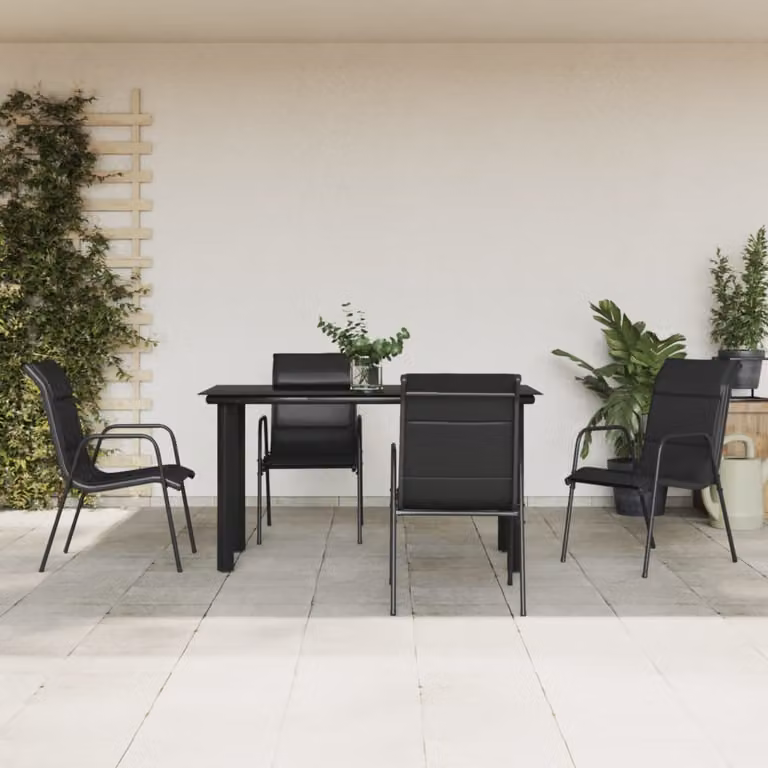 Set da pranzo da giardino vidaXL in 5 pezzi nero e antracite con tavolo rettangolare in vetro e sedie in acciaio verniciato a polvere