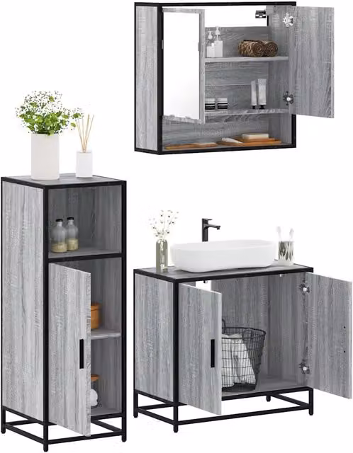 Set Mobili da Bagno 3 pz Grigio Sonoma in Legno Multistrato 3300978