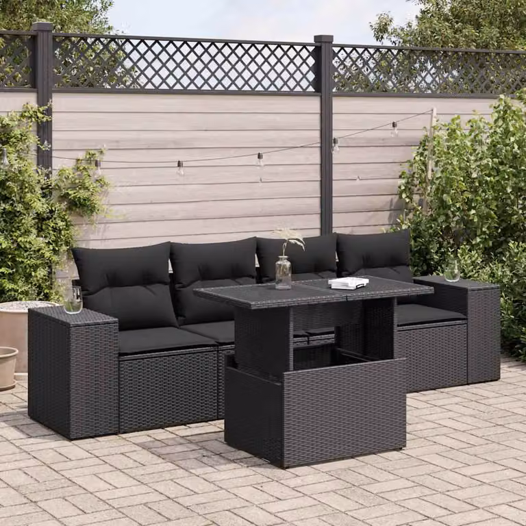 Set da giardino vidaXL composto da 5 pezzi in polyrattan nero con cuscini e tavolino da esterno a forma di L