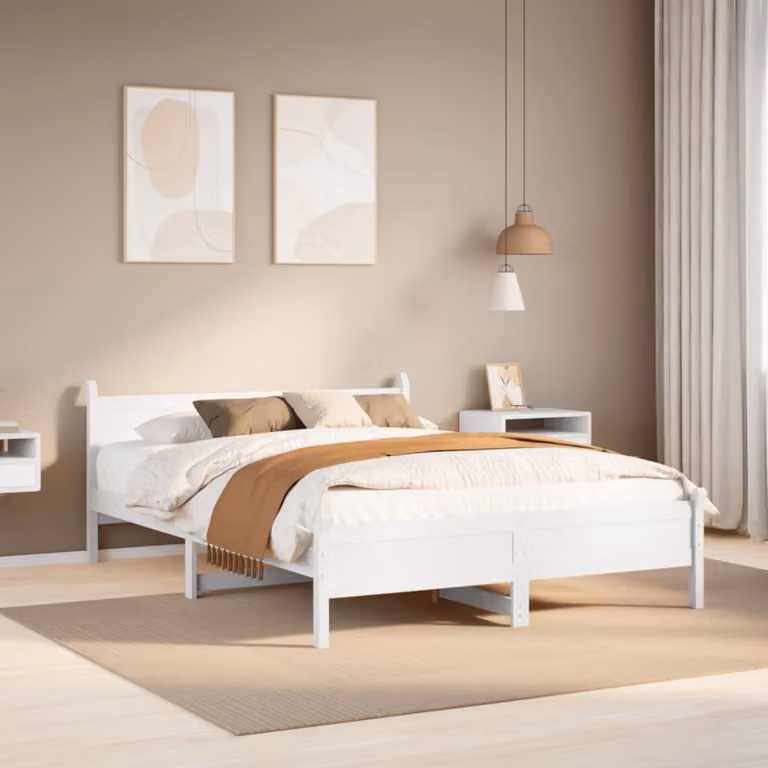 vidaXL Letto in Legno Massello di Pino Bianco con Doghe Fisse L/P/H: 150 x 200 x 155 cm