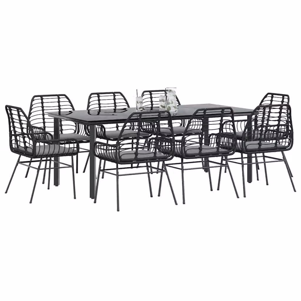 Set da pranzo da giardino vidaXL in polyrattan con tavolo in vetro e 9 pezzi, nero e grigio