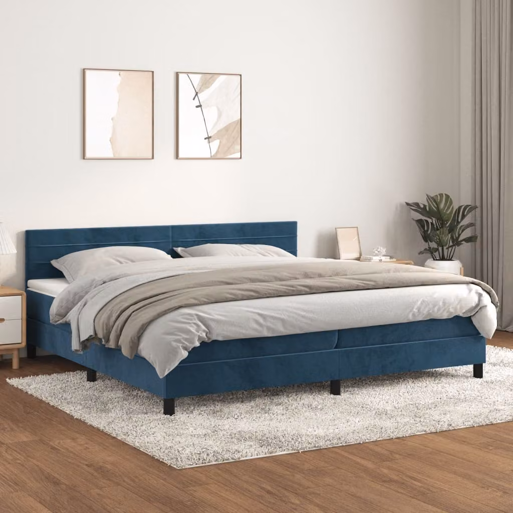 The Living Store Letto a molle con materasso blu scuro 200x200 cm in velluto