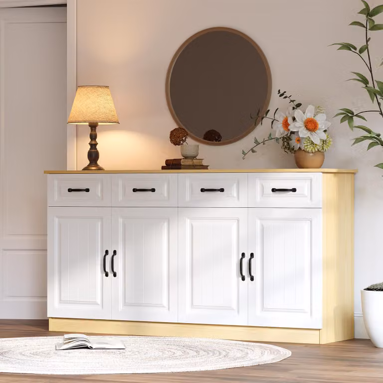 Credenza Merax con 4 ante e 4 cassetti, cassettiera dal design scanalato, mobile da soggiorno in MDF con ripiano, cucina, ingresso, finitura naturale