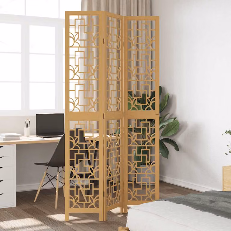 Divisorio Ambienti vidaXL con 3 Pannelli in Legno di Paulownia Massello Marrone Scuro e Beige con Design Geometrico Moderno H: 180 cm, L: 110 cm, P: 3 cm