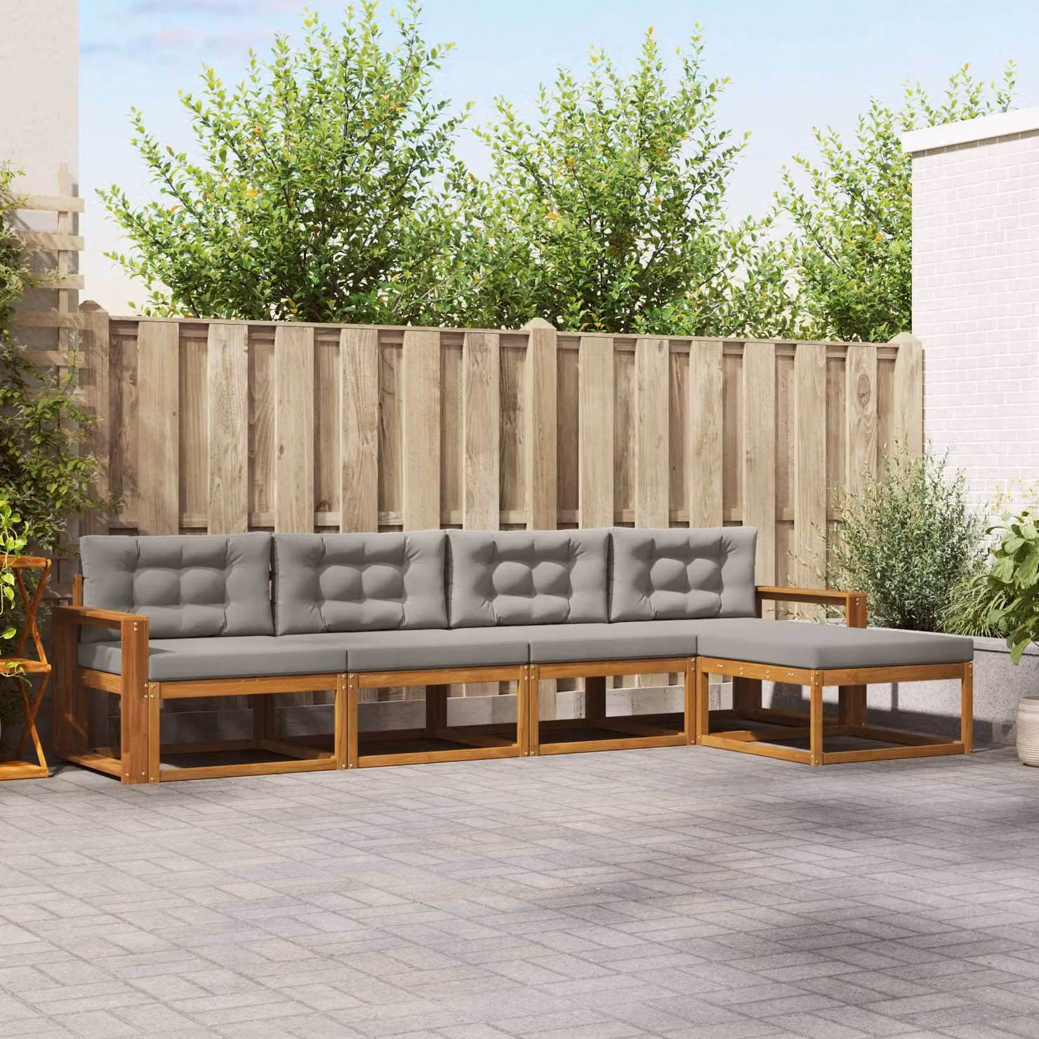 Set di divani da esterno vidaXL a forma di L in legno di acacia con pouf e cuscini, Grigio e Marrone