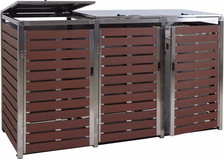 3 contenitori per rifiuti HWC-K14, contenitore per rifiuti, 120x200x85cm WPC acciaio inox 104kg ~ aspetto legno di noce