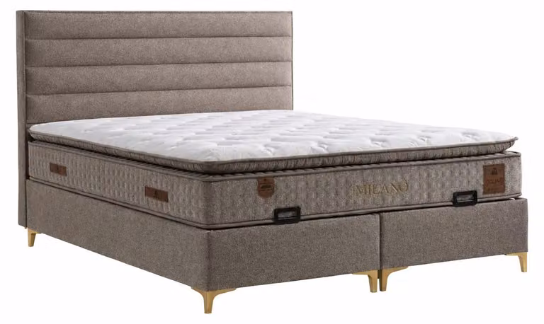 Letto con materasso in stile moderno, marrone, con contenitore e rivestimento in tessuto