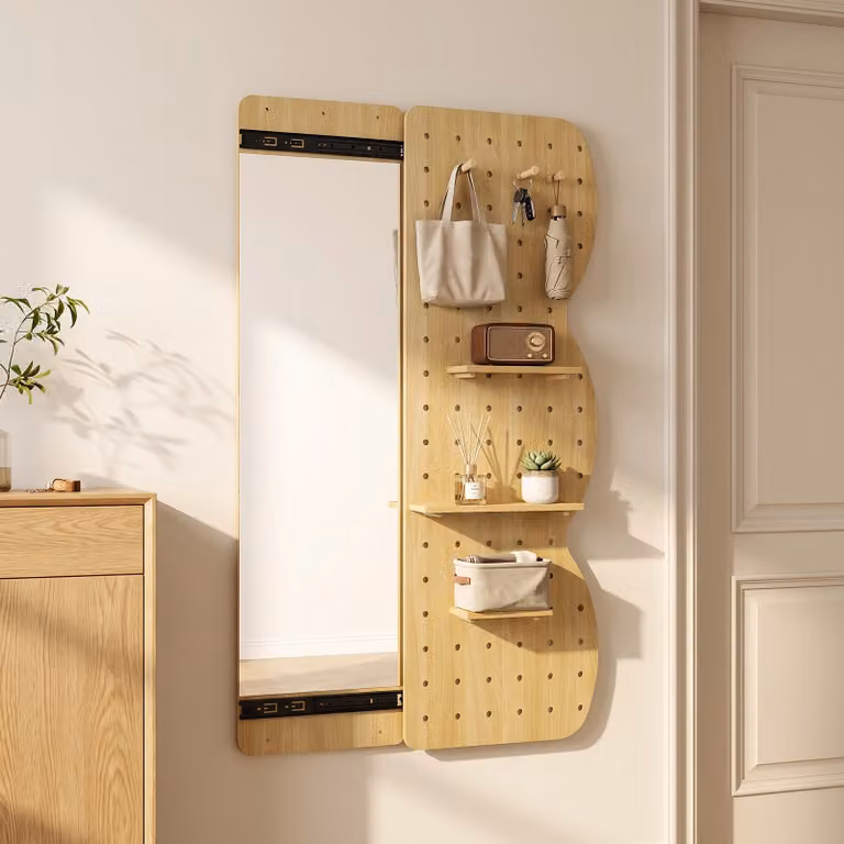 Costway Specchio da parete con pannello forato con guida scorrevole, Pannello forato legno con ganci e ripiani rimovibili