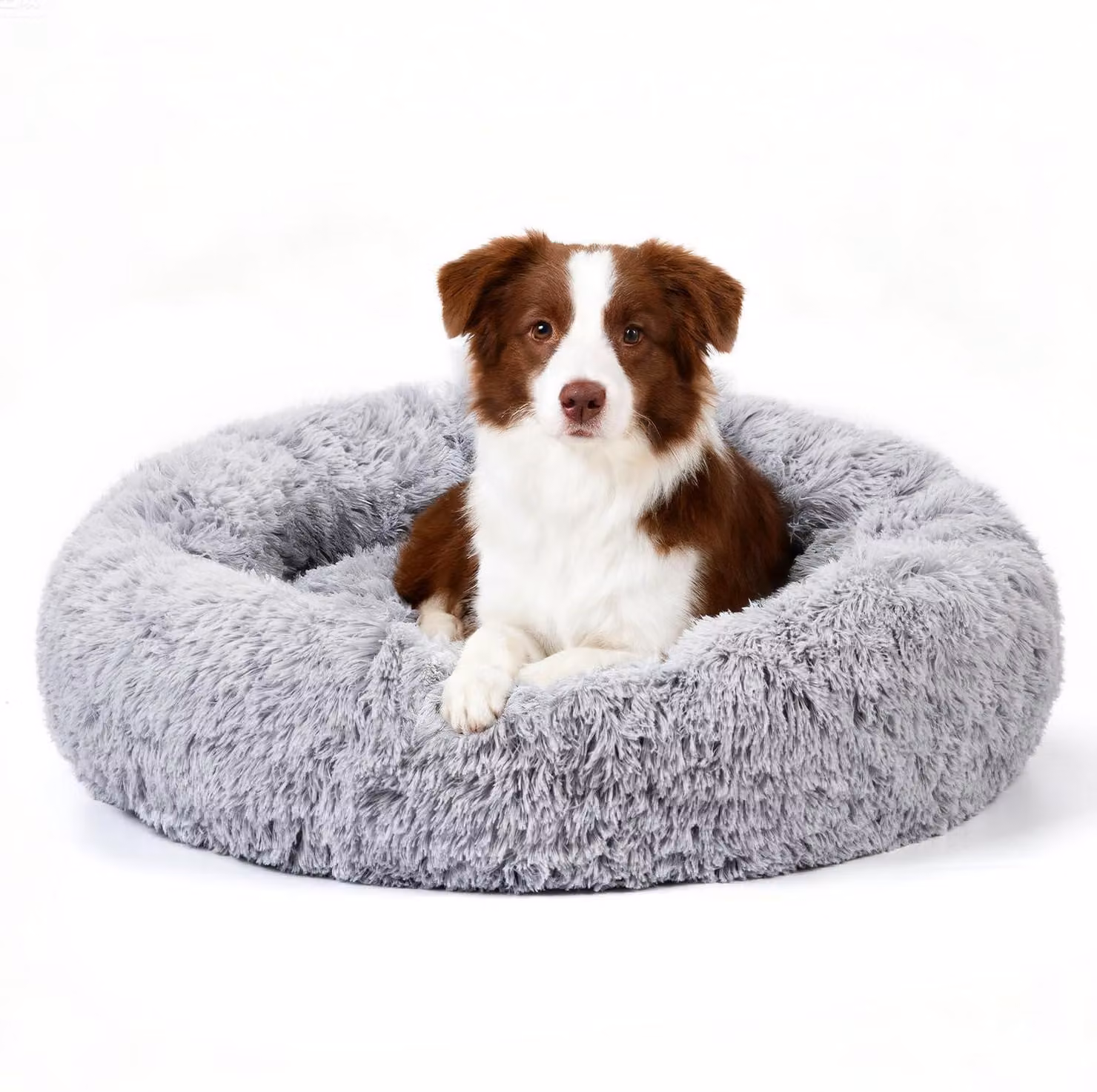 Cuccia rotonda per cani, imbottita in peluche lungo, diametro 80 cm, color grigio chiaro