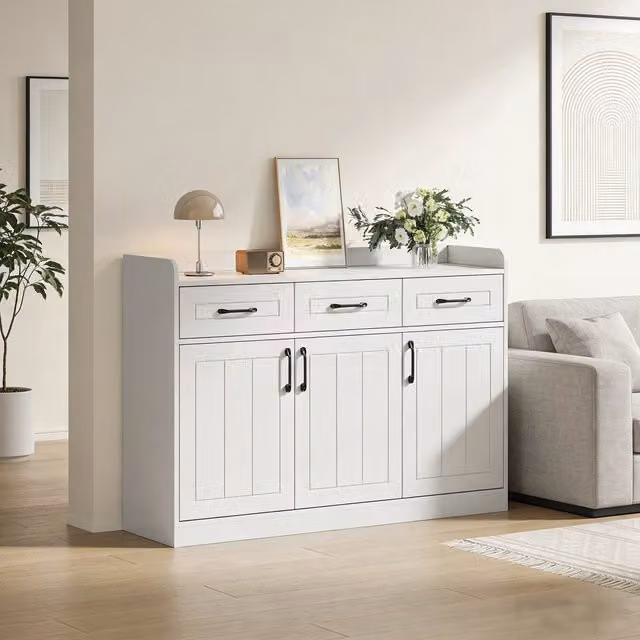 Credenza 120x35x80 ¨C MINIMAL ¨C Bianco, 3 Cassetti, 3 Ante, Ripiani Regolabili