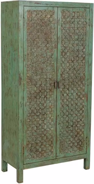 Armadio in legno di mango verde WANDERLUST DECO con ante a battente e decorazioni geometriche L: 85 cm, P: 40 cm, H: 176 cm – 1