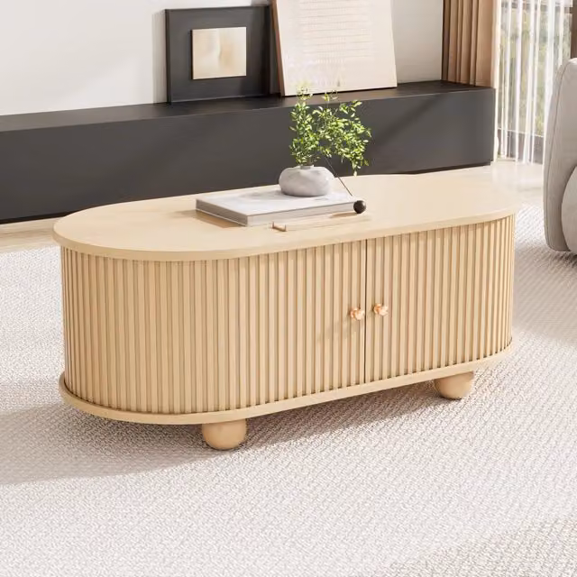 Tavolino basso fisso ovale con vano contenitore e ante scanalate in MDF color legno per soggiorno 100 × 50 × 40 cm