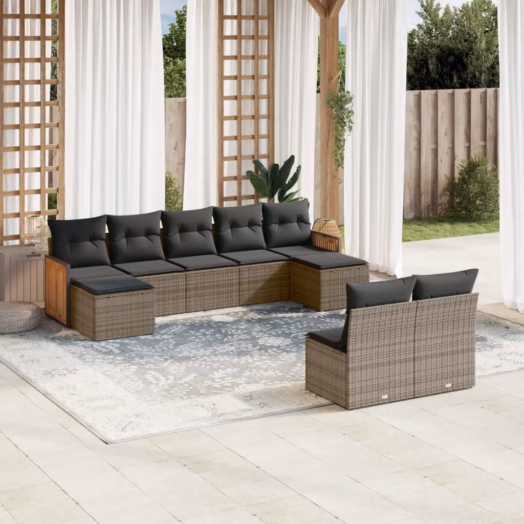 vidaXL Set Divano da Giardino 9 pz in Polyrattan Grigio con Cuscini e Struttura in Legno di Acacia – 1