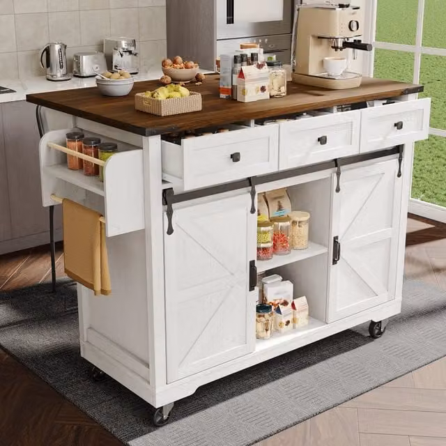Isola da cucina WISHDOR beige con piano estraibile, 3 cassetti, ante scorrevoli e ruote, L/P/H: 140 x 53 x 94 cm