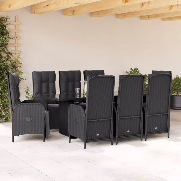 Set da Pranzo da Giardino vidaXL in Polyrattan Nero con Cuscini e Piano in Vetro, 9 Pezzi