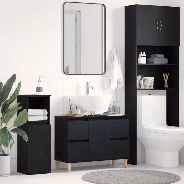 Armadietto da bagno sospeso vidaXL in legno rovere nero con ante a battente e ripiani interni L: 80 cm, P: 33 cm, H: 60 cm