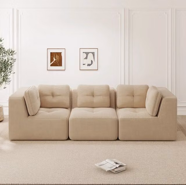 Divano angolare modulare in velluto a coste beige 297x104x69 cm con seduta profonda