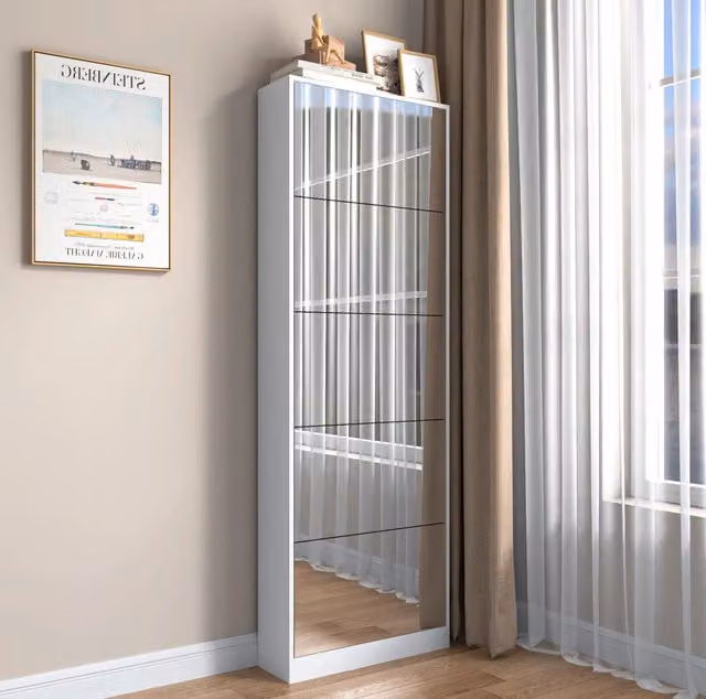 Mobile Porta Scarpe Moderno in MDF con Specchio a Tutta Lunghezza, 5 Cassetti Ribaltabili, Bianco