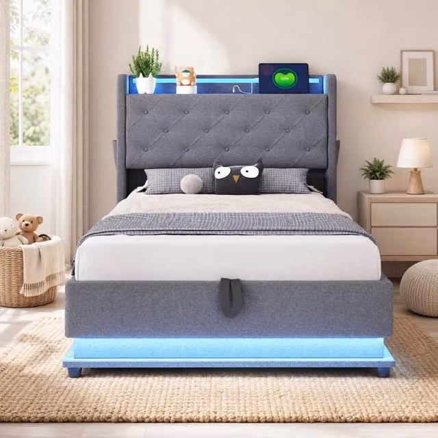 Letto singolo imbottito 90 x 200 cm con vano idraulico; LED; USB e Type-C; grigio