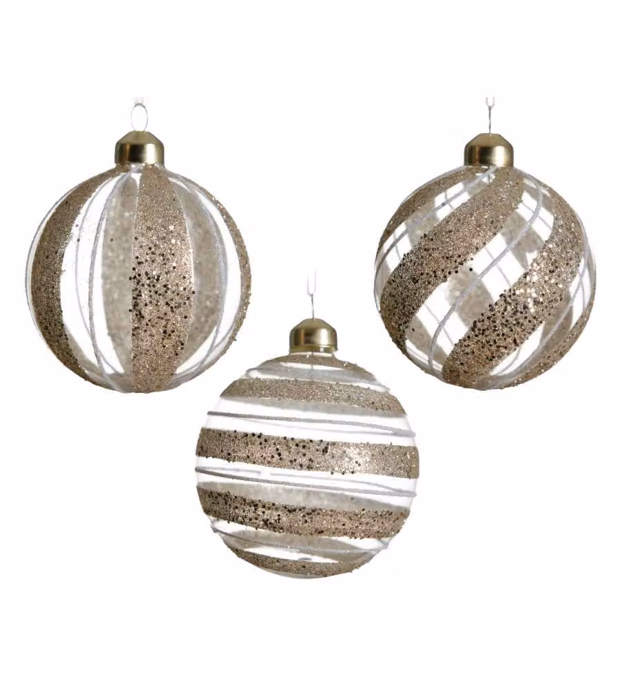 Sfera natalizia trasparente con decoro linee oro glitter