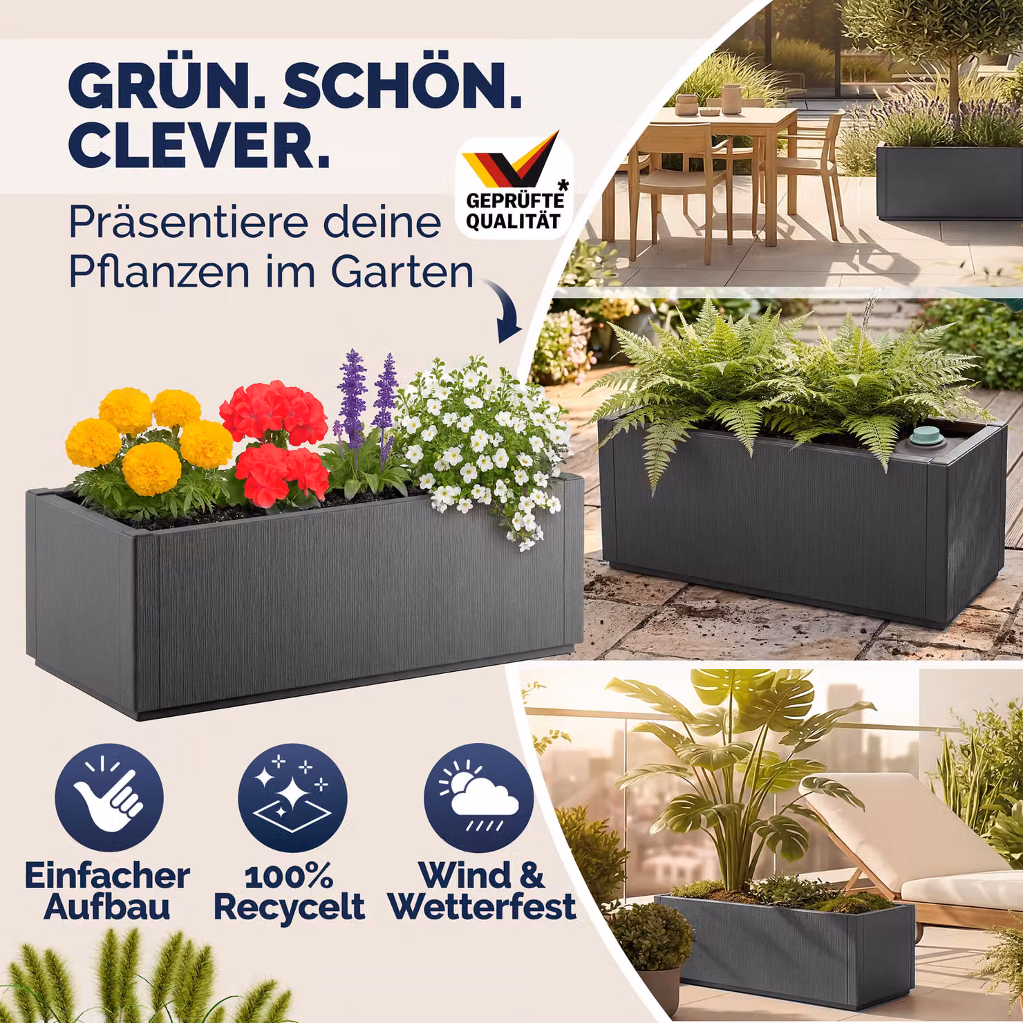 Vaso da giardino Casaria Ethica in plastica colore antracite H: 80 cm, L: 36 cm, P: 36 cm – 4