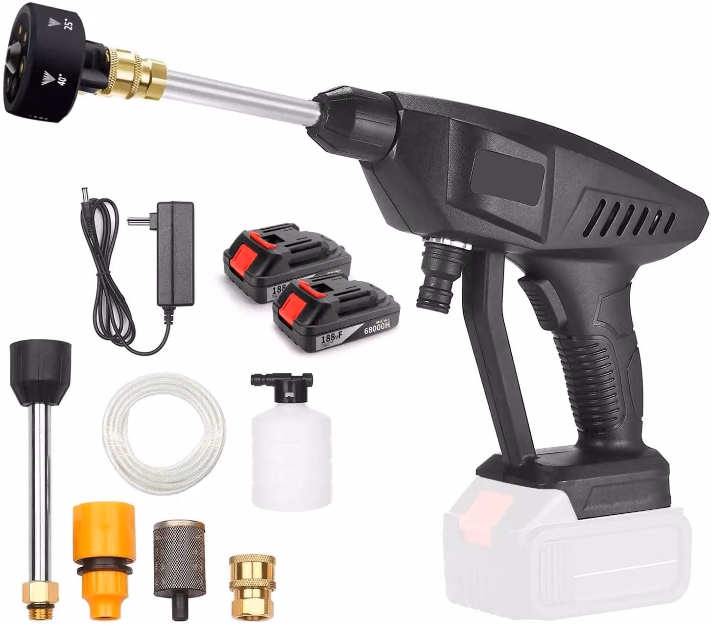 Idropulitrice portatile - Pistola ad alta pressione senza fili a 21V - Batteria potente - Tubo da 5 metri - Colore nero