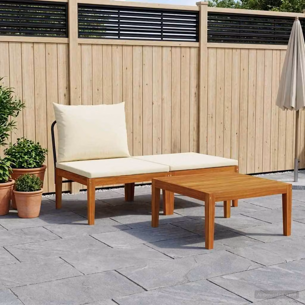 Set da giardino moderno vidaXL in legno di acacia con divano a 2 posti, tavolino da caffè e pouf con cuscini inclusi, colori beige, bianco o marrone