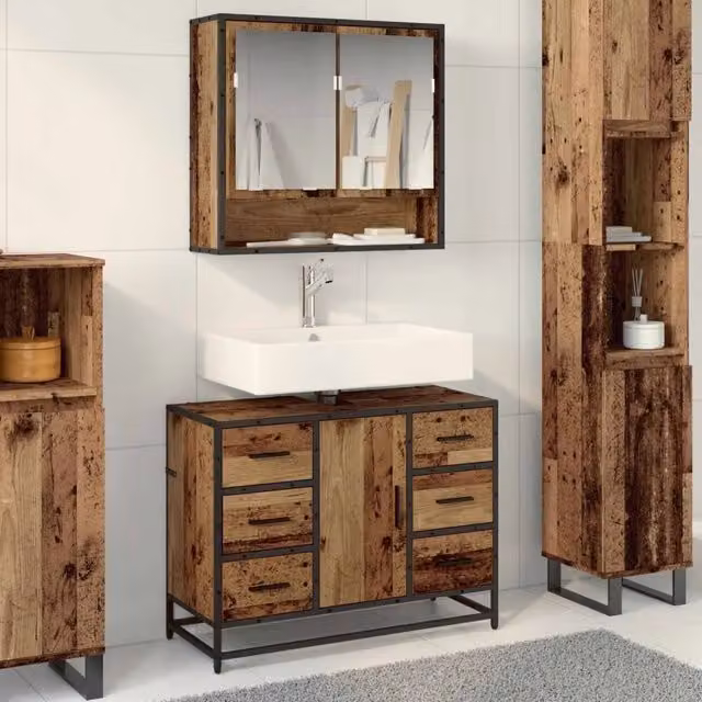 Set di mobili per il bagno moderno vidaXL composto da mobile sottolavabo e armadietto con specchio in legno e metallo, colore marrone e nero, L/P/H: 80 x 33 x 60 cm