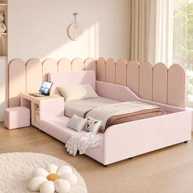 Letto per bambini 90 × 200 cm con scrivania, sgabello e ripiano, senza materasso, in velluto, rosa