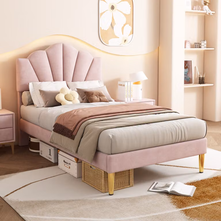 Letto imbottito Flieks 90x200cm con rete a doghe, letto per ragazzi letto per bambini con testata a conchiglia, letto singolo letto in legno massiccio letto classico, velluto, rosa
