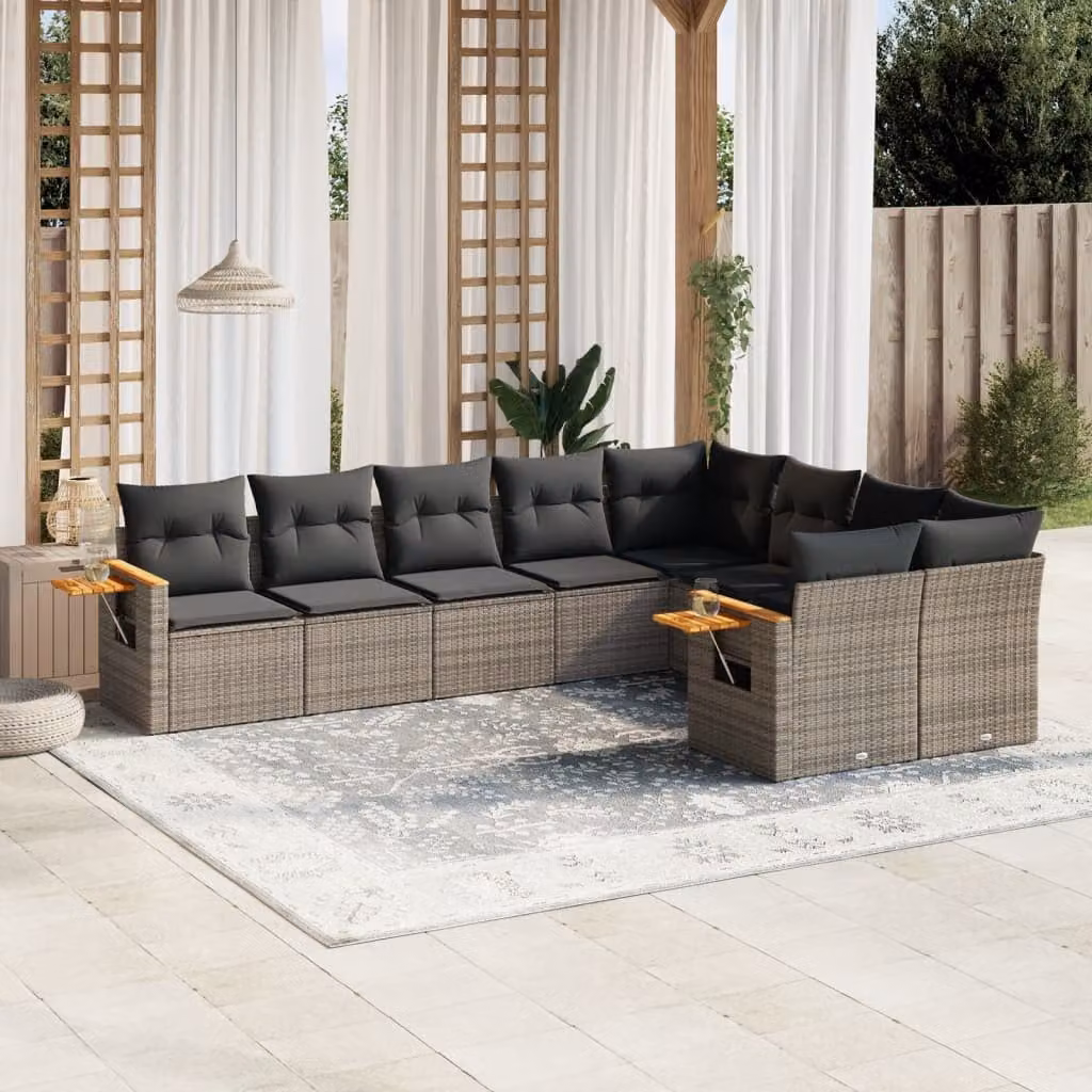 vidaXL Set Divano da Giardino a L 9 pz in Polyrattan Grigio con Cuscini e Tavolino – 1