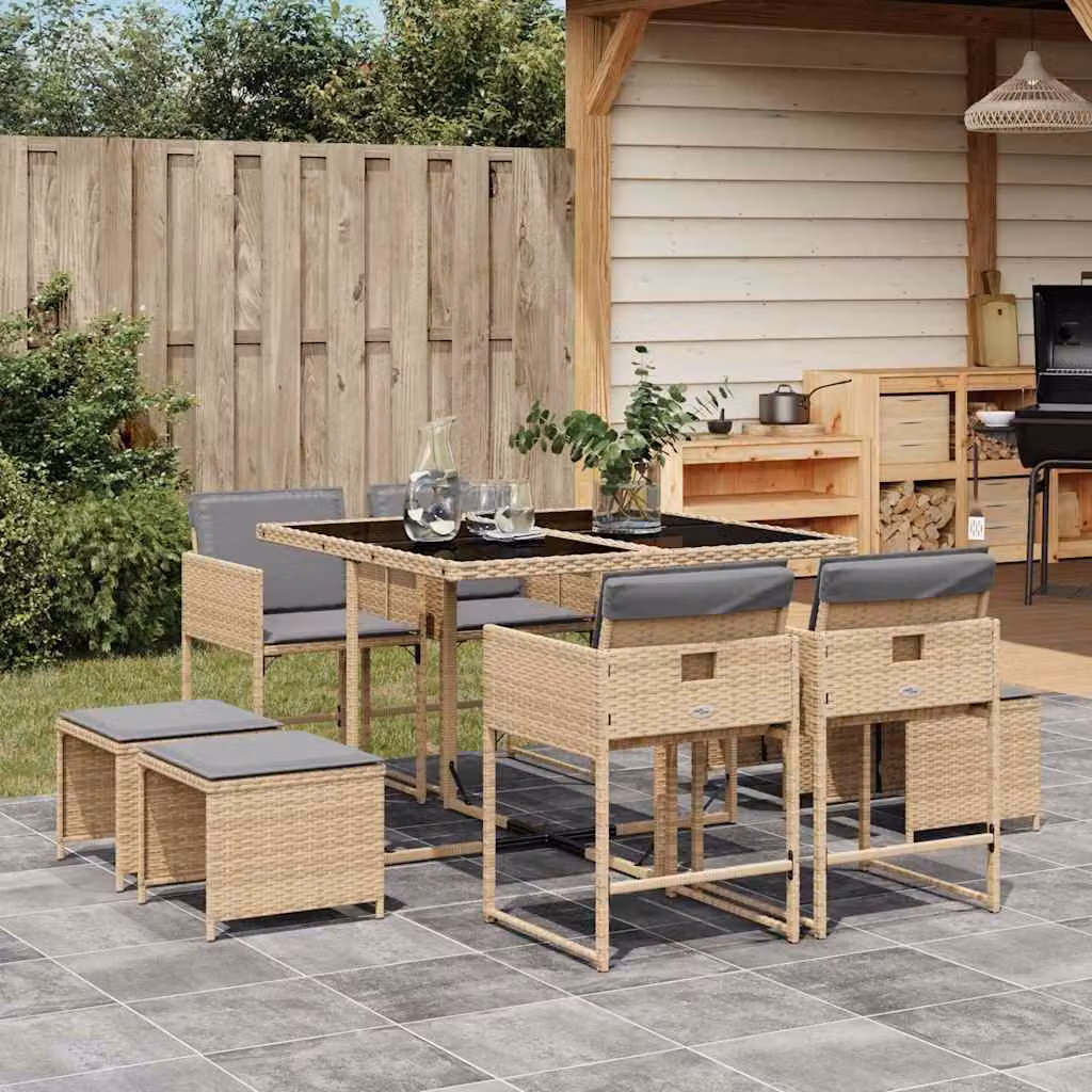 Set Pranzo da Giardino vidaXL 9 pz in Polyrattan con Cuscini Beige e Piano in Vetro – 1