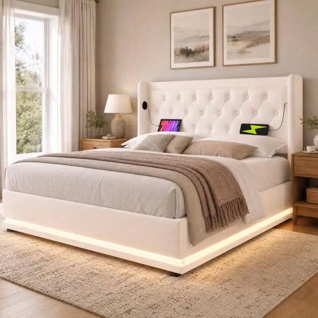 Letto 140x200 cm con contenitore idraulico, LED, USB e USB-C in PU bianco