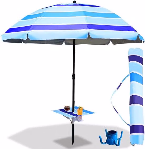 Parasole per Spiaggia con Tavolo e Gancio - 213 cm Parasole UV50+ con Funzione di Sospensione, Altezza Regolabile, Tela 210D Oxford, Resistente al Vento per Spiaggia Balcone Giardino