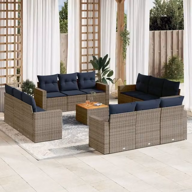 Set di divani da giardino vidaXL a forma di U composto da 13 pezzi in polyrattan con cuscini grigi e blu per esterno – 1