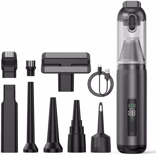 Aspirapolvere portatile ricaricabile per auto - Nero - 7 accessori - Alta pressione