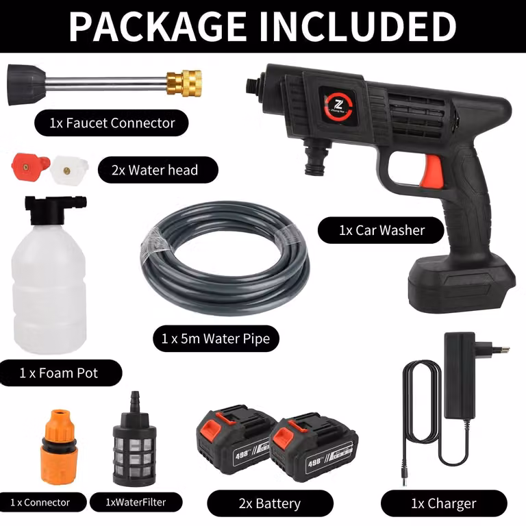 Idropulitrice portatile senza fili per auto - Pistola lava auto a batteria - 70 bar - 20000 mAh - 2 batterie - Con tubo per l'acqua - Generatore di schiuma