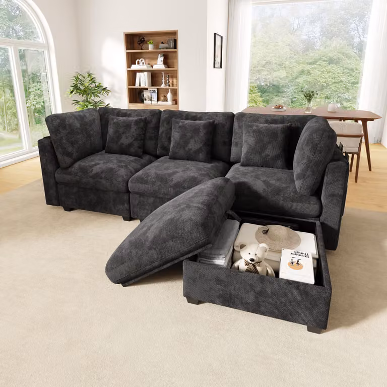 Divano angolare a forma di L, 4 posti, modulare con spazio contenitivo, poggiapiedi, tessuto in chenille con trama waffle, tasche laterali, 3 cuscini, divano per soggiorno, colore grigio