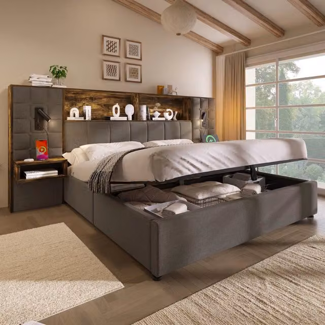 Letto imbottito 180x200 cm con contenitore, LED e 2 lampade da lettura, 2 comodini integrati, ricarica USB Type-C, lino, rete a doghe, Grigio