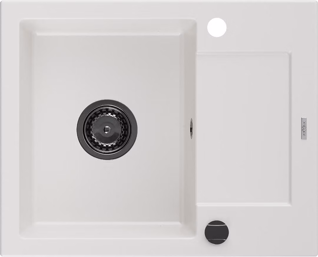 Mexen Enzo lavello in granito 1-vasca con scolapiatti 576 x 465 mm, bianco, sifone nero - 6506571005-20-B