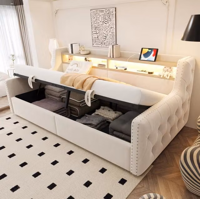 Divano letto 90x200 cm beige in velluto - con vano contenitore, LED e rete a doghe