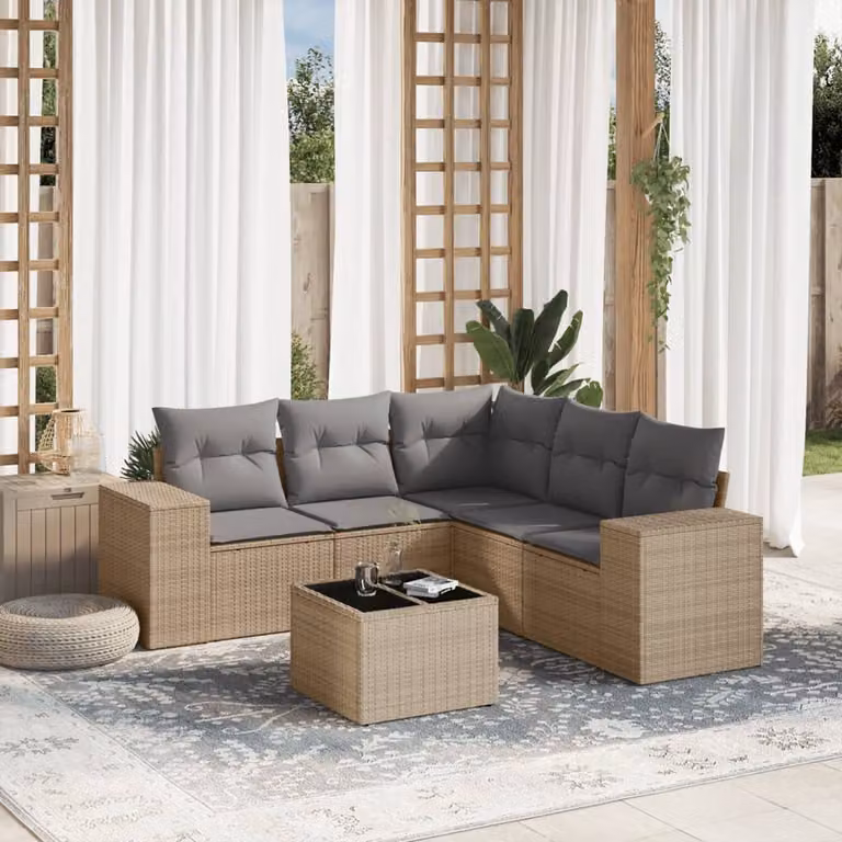vidaXL Set Divano da Giardino a L 6 pz con Tavolino e Pouf, Colore Beige e Grigio, con Cuscini Rimovibili e Struttura in Acciaio Verniciato a Polvere