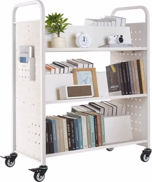 Carrello Portalibri con Ruote HXTC-3WD in Acciaio Bianco, Scaffale a W Bifacciale 970 x 515 x 1225 mm, Carico 150 kg Pratico per Casa e Ufficio