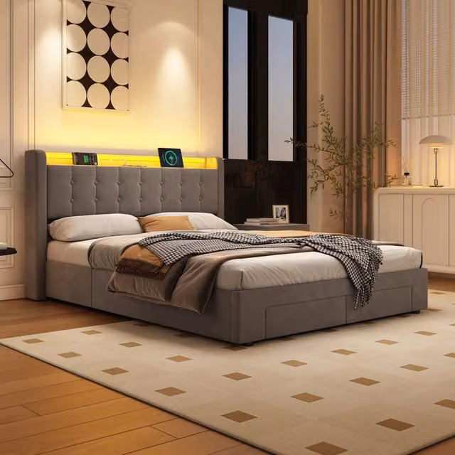 Letto a contenitore 140x190 cm; testiera capitonnata con nicchia LED e porte USB in velluto grigio scuro