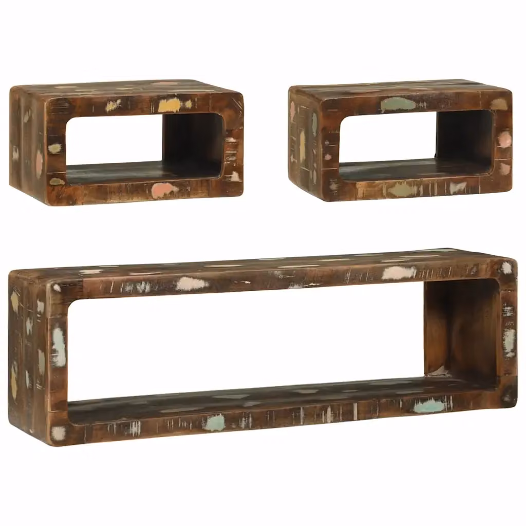 Set di 3 mobili porta TV moderni in legno massello di recupero multicolore con scomparti multimediali – 2