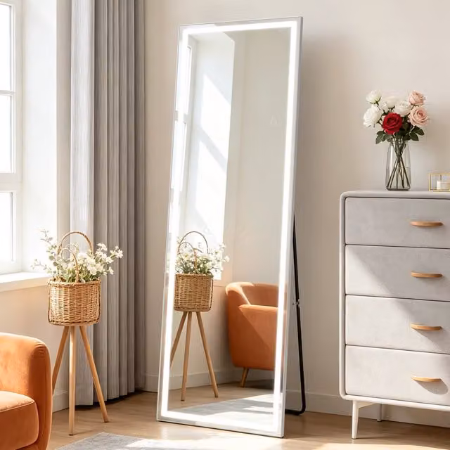 ZMH Specchio a figura intera illuminato con LED regolabile e touch switch, bianco o sabbia, da terra o parete, H: 150 cm, L: 40 cm